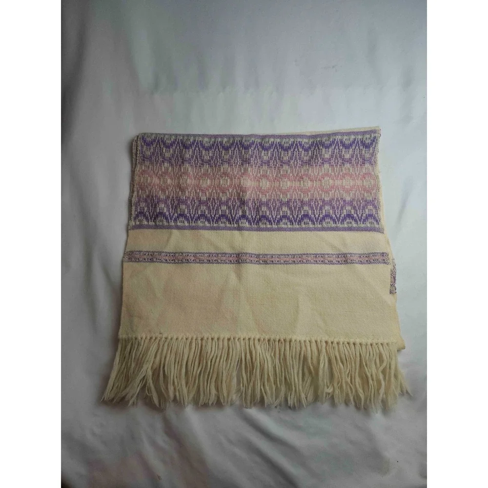 Hand Woven Table Runner Scarf Cream Purple Pink Fringe Artisanal Woven Decor 35